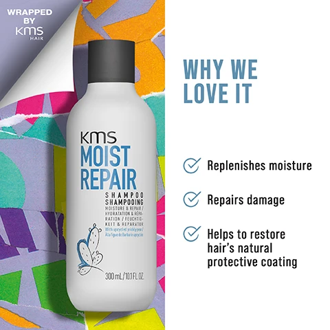 Image 1 - A shampoo bottle labeled KMS Moist Repair is featured against a colorful, abstract background with text stating why it is loved, including points on replenishing moisture, repairing damage, and restoring hairs natural protective coating.
              Image 2 - A clear plastic bottle of KMS Moist Repair leave-in conditioner is shown against a colorful background with torn paper patterns, and the text on the right lists benefits: Instantly de-tangles, Weightlessly conditions, Instant moisture and comability.
              Image 3 - The image shows a bottle of KMS Therma Shape Quick Blow Dry spray against a colorful background, with text on the right highlighting benefits: reduces friction when blow-drying, light conditioning, and speeds up drying time by up to 50%.
              Image 4 - Image of a KMS Moist Repair hair product tube against a colorful background with abstract shapes, alongside text that reads WHY WE LOVE IT, featuring three bullet points: Instantly improves manageability, Adds body without weight, and Controls static & flyaways.
              Image 5 - A colorful background made of torn pieces of paper displays information about sustainability practices, including details on conserving water, a ClimatePartner certification, and FSC certified gift boxes, with text reading CONSERVE WATER, ClimatePartner certified product climate-id.com/8PY8BI, OUR GIFT BOXES ARE CLIMATE PARTNER CERTIFIED. WITH EVERY PURCHASE A WIND FARM PROJECT IN SOUTH AFRICA IS SUPPORTED, FSC CERTIFIED GIFT BOXES ONLY MATERIALS FROM SUSTAINABLE FORESTS ARE USED IN THE MANUFACTURING OF OUR GIFT PACKAGING, and WRAPPED BY KMS HAIR.