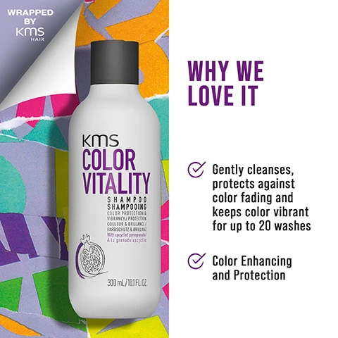 Image 1 - A bottle of KMS Color Vitality Shampoo is displayed against a colorful, abstract background, featuring a label with the text detailing its benefits, including gently cleansing, protecting against color fading, and keeping color vibrant for up to 20 washes.
              Image 2 - A purple pouch labeled KMS Color Vitality with text highlighting its benefits, including infusing dull hair with shine and vibrancy, making hair 20 times stronger, and ensuring 4 times easier detangling.
              Image 3 - Image shows a spray bottle of KMS Therma Shape Quick Blow Dry on a colorful, torn paper background, with text detailing its benefits including reduces friction when blow-drying, light conditioning, and speeds up drying time by up to 50%.
              Image 4 - A colorful collage background is overlaid with text that promotes environmental initiatives, including conserving water, ClimatePartner certification with a QR code and link, and FSC certified gift boxes, emphasizing sustainability in packaging.