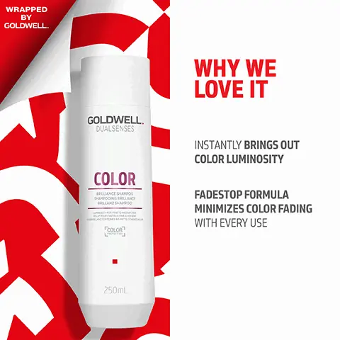 Image 1, WRAPPED BY GOLDWELL GOLDWELL DUALSENSES WHY WE LOVE IT COLOR BRILLIANCE SHAMPOO SHAMPOOING BRILLANCE BRILLANESHAMPOO L COLOR 250ml INSTANTLY BRINGS OUT COLOR LUMINOSITY FADESTOP FORMULA MINIMIZES COLOR FADING WITH EVERY USE Image 2, WRAPPED BY GOLDWELL WHY WE LOVE IT GOLDWELL. DUAL SENSES COLOR BRILLIANCE CONDITIONER SOIN BRILLANCE BRILLANT CONDITIONER INSTANTLY DETANGLES CREATES COLOR LUMINOSITY "COLOR 200mL Image 3, WRAPPED BY GOLDWELL WHY WE LOVE IT GOLDWELL. DUAL SENSES COLOR INSTANTLY PROVIDES WEIGHTLESS CONDITIONING CREATES A NEW COLOR GLEAM WITH HEAT PROTECTION "COLOR Image 4, ClimatePartner certified product climate-id.com/PBNVQ3 OUR GIFT BOXES ARE CLIMATE PARTNER CERTIFIED. WITH EVERY PURCHASE A WIND FARM PROJECT IN SOUTH AFRICA IS SUPPORTED FSC FSC CERTIFIED GIFT BOXES ONLY MATERIALS FROM SUSTAINABLE FORESTS ARE USED IN THE MANUFACTURING OF OUR GIFT PACKAGING WRAPPED BY GOLDWELL