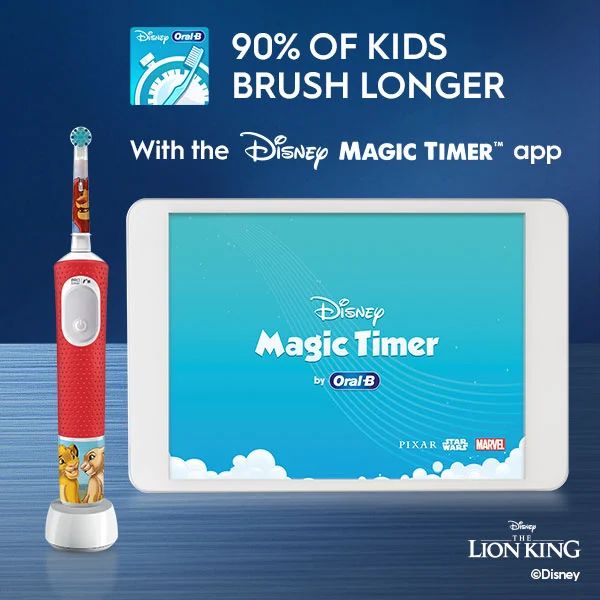 Disney Oral-B 90% OF KIDS BRUSH LONGER With the DISNEY MAGIC TIMER™ app DISNEY Magic Timer Oral-B PIXAR MARVEL Disney
                                  THE LION KING ©Disney