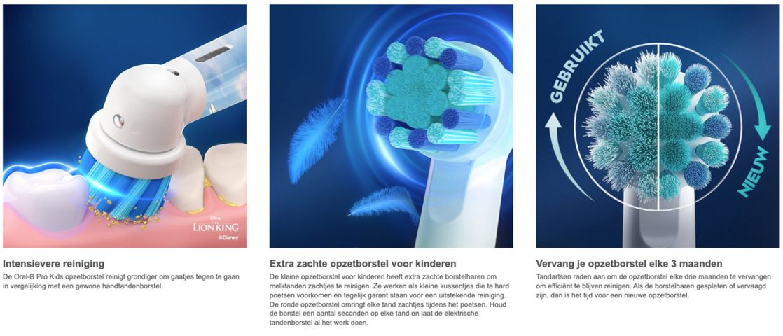 Three images displaying features of the Oral-B Pro Kids toothbrush: the first image shows a toothbrush with blue bristles cleaning teeth and a text description about intense cleaning; the second image highlights a child-friendly brush head with soft bristles and a description emphasizing gentle cleaning; the third image illustrates the differences between a used and new brush head along with a recommendation to replace the brush every three months.