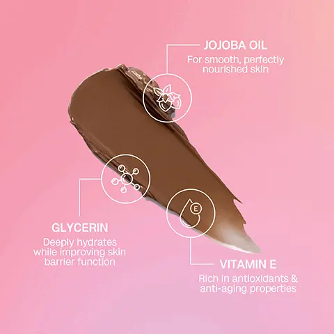 Image 1 - A smear of brown product on a pink background with labeled ingredients: Jojoba oil for smooth, perfectly nourished skin; Glycerin, which deeply hydrates while improving skin barrier function; Vitamin E, rich in antioxidants and anti-aging properties.
              Image 2 - Image shows a side-by-side comparison of a woman wearing white lingerie, labeled Before on the left and After on the right, with the woman on the right holding a product in her hand.
              Image 3 - A smiling young woman in a black bikini holds a tanning product against a pink gradient background, with accompanying text that includes key features: no DHA, wash off formula, enriched with jojoba oil and vitamin E, quick drying, streak free.
              Image 4 - A woman with long hair applies a tanning product to her arm, with text on the image outlining the steps: STEP 1 Begin with clean, freshly exfoliated skin. STEP 2 Apply with your hands, mitt or blending brush. Start at your feet & work your way up, blending in with long, sweeping motions. STEP 3 Wait for the product to be touch dry before dressing.