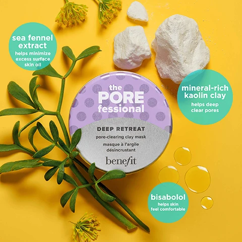 Image 1, sea fennel extract helps minimse excess surface skin oil. mineral rich kaolin clay helps deep clear pores. bisabolol helps skin feel comfortable. image 2, lemon extract helps pores look smaller. yuzu extract helps skin feel smoother. bisabolol helps skin feel comfortable. image 3, before and immediately after.