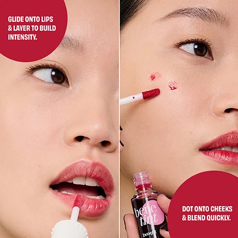 image 1, glide onto lips and layer to build intensity. dot onto cheeks and blend quickly. image 2, volumisies different lash types. fine, thin, short and curly.