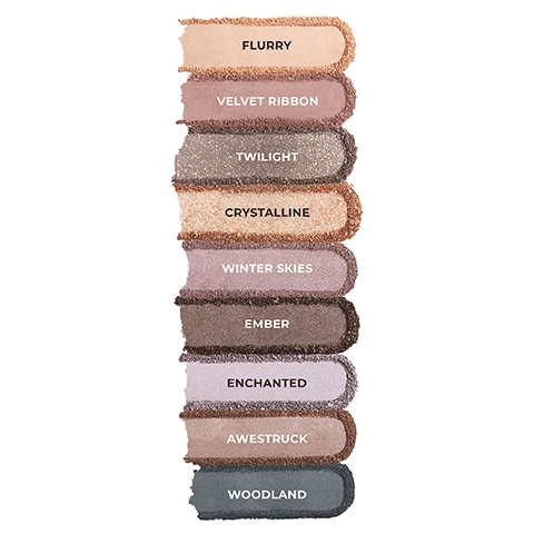 image 1, swatches of flurry, velvet ribbon twilight, crystalline, winter skies, ember, enchanted, awestruck, woodland. image 2, swatches of flurry, velvet ribbon twilight, crystalline, winter skies, ember, enchanted, awestruck, woodland on three different skin tones. image 3, crysalline all over the lid. twilight on outer half of lid. woodland on bottom lash line.