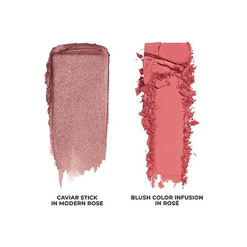 image 1, swatches of caviar stick in modern rose. blush colour infusion in rose. image 2, modern rose on three different skin tones. image 3, blush colour infusion rose matte rose pink.