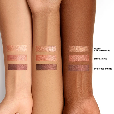 image 1, swatches of gilded limited edition, strike a pose and burnished bronze on three different skin tones. image 2, strike a pose all over lid. burnished bronze on lash line and outer corner. gilded limited edition in inner corner and centre of lid. image 3, strike a pose all over lid. burnished bronze in crease and outer corner. gilded limited edition in inner corner and lower lash line. image 4, limited edition gilded on three different skin tones.