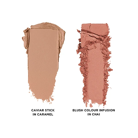 image 1, swatches of caviar stick in caramel and blush colour infusion in chai. image 2, caviar stick eye colour in caramel on three different skin tones. image 3, blush colour infusion in chai matter dirty rose on three different skin tones.