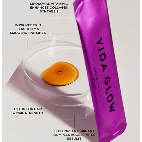 Image 1 - A purple sachet stands next to a petri dish holding a small amount of golden liquid, with text reading VIDA GLOW MIXED BERRY FLAVOUR NET 12.4 mL, LIPOSOMAL VITAMIN C ENHANCES COLLAGEN SYNTHESIS, IMPROVES SKIN ELASTICITY & SMOOTHS FINE LINES, BIOTIN FOR HAIR & NAIL STRENGTH, and B-BLEND⁴ ANTIOXIDANT COMPLEX ACCELERATES RESULTS. Image 2 - The image shows a before and after comparison of a womans face, with the top photo labeled WEEK 1 displaying wrinkles around the eye and cheek, and the bottom photo labeled WEEK 12 showing significantly smoother skin with reduced wrinkles, presented next to a purple panel that features a product box for VIDA GLOW and the text: 96% of participants had a reduction in wrinkles*, MEASURED BY VISIA® TECHNOLOGY, DAILY ESSENTIAL LIQUID COLLAGEN SKIN HEALTH, SMOOTH FINE LINES, BOOSTS COLLAGEN PRODUCTION, MIXED BERRY FLAVOUR, *BASED ON 12 WEEK CONSUMER STUDY.