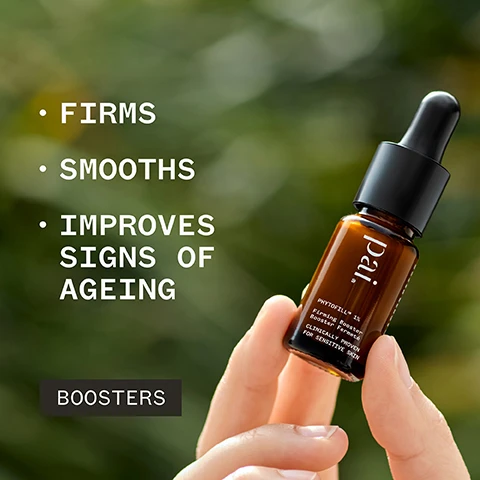 Image 1 - A person holding a small amber bottle of skin serum with the text FIRMS, SMOOTH, IMPROVES SIGNS OF AGEING and BOOSTERS on the left side.
              Image 2 - A brown glass dropper bottle with a clear dropper above it, displaying text that states 81% said skin felt firmer, and includes vegan and certification icons, along with a note about an independent consumer trial of 113 subjects.