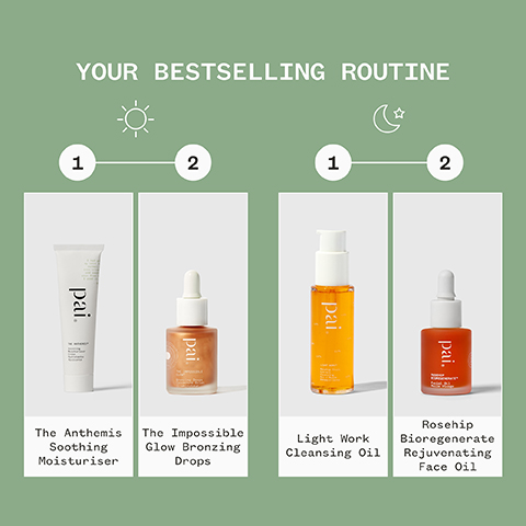 your best selling routine. morning step 1 = the anthemis soothing moisturiser. step 2 = the impossible glow bronzing drops. night time step 1= light work cleansing oil. step 2 = rosehip bioregenerate rejuvenating face oil