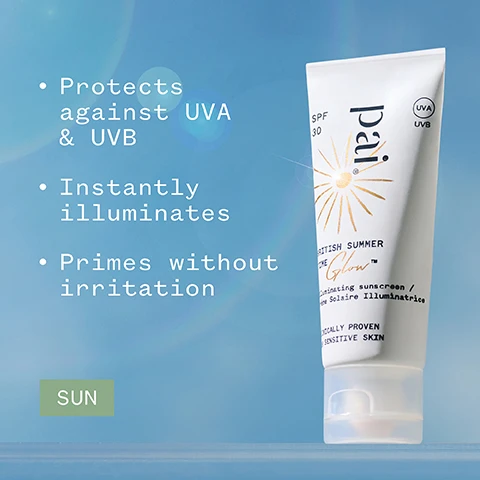 Image 1 - A sunscreen tube is displayed against a blue background with bullet points stating Protects against UVA & UVB, Instantly illuminates, and Primes without irritation, alongside the word SUN.
              Image 2 - A tube of illuminating sunscreen is tipped over, with a creamy product oozing from the opening, against a soft blue background; visible text includes 83% said skin looks instantly more luminous* and *One week independent consumer trial on 103 subjects, alongside vegan and certification logos.