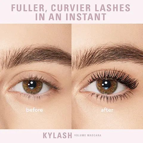 Fuller, curvier lashes in an instant. Before. After. Kylash volume mascara. Pro-vitamin b5 to nourish & strengthen lashes. Long lasting. Intense black colour pay off. Grapeseed oil & pro-vitamin b5 strengthen and protect lashes with every wear. Rice bran wax, carnauba wax, & synthetic beeswax give weightless lift, shape, and a stretched lash effect. 100% say the brush delivers ultra-precision. 100% say the brush delivers the perfect amount of product to create instant volume. 100% say it feels ultra-light at application. Use test under ophthalmological control conducted with 21 women between 22 and 52 years. Product use for 3 weeks. 95% say it curves lashes. 95% say it provide the perfect full lash. Use test under ophthalmological control conducted with 21 women between 22 and 52 years. Perfect for all lash types. Fine & short, short, dense, long, straight, curly.