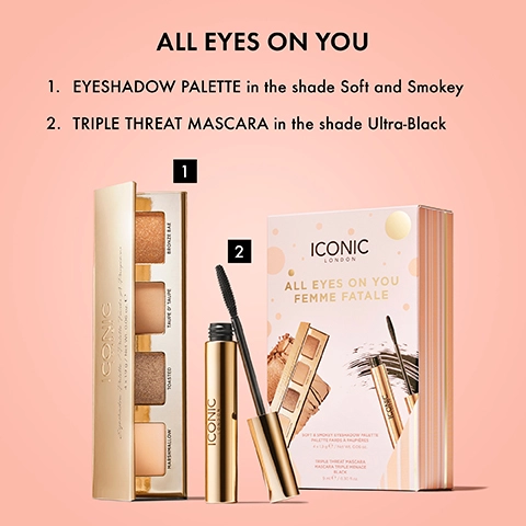ALL EYES ON YOU. 1. EYESHADOW PALETTE in the shade Soft and Smokey. 2. TRIPLE THREAT MASCARA in the shade Ultra-Black.