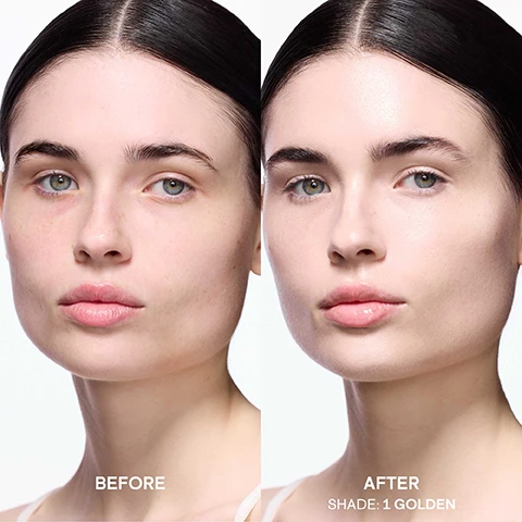 Image 1, before and after. image 2, major skin benefits. hydrating formula with hyaluronic acid. improves elasticity with squalane. medium buildable coverage. luminous finish. vegan and cruelty free. image 3, fair shades on 6 different models. image 4, light shades on 6 different models. image 5, medium shades on 6 different models. image 6, tan shades on 6 different models. image 7, dark shades on 6 different models. image 8, deep shades on 6 different models.