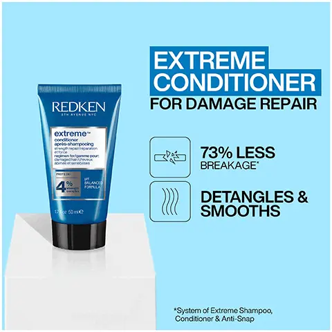 Image 1, extreme conditioner for damage repair 73% less breakage detangles and smooths Image 2, BEFORE AFTER ONE USE* *System of Extreme Shampoo, Conditioner & Anti-Snap Image 3, FORMULATED WITH PROTEIN REDKEN STH AVENUE NYC extreme conditioner après-shampooing stwngrepare force regimen for/gamme pour damaged hair cheve PROTEIN 4 10110300ml PH BALANCED FORMULA