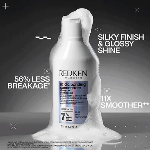 Image 1 - A bottle of Redken Acidic Bonding Concentrate Shampoo is shown with a foamy texture around it, featuring text that reads 56% less breakage, 11x smoother, and silky finish & glossy shine.
              Image 2 - A hair care product bottle with a flip-top cap showing a dollop of cream on the cap, with text stating 56% less breakage, 90% more conditioned, and 11X smoother.
              Image 3 - An arrangement of creamy white textures with text that reads CITRIC ACID + BONDING CARE COMPLEX HELPS REPAIR BONDS + PREVENT FUTURE DAMAGE.
              Image 4 - Image shows a comparison of hair before and after treatment, with the left side displaying frizzy and damaged hair labeled BEFORE and the right side showing smooth and sleek hair labeled AFTER ONE USE. Visible text includes *SYSTEM OF ACIDIC BONDING CONCENTRATE INTENSIVE TREATMENT, SHAMPOO, CONDITIONER & LEAVE-IN VS. UNDAMAGED HAIR.
              Image 5 - Image shows the back view of a person with curly hair, split into two sections: the left side is labeled BEFORE showing dry, frizzy curls, and the right side is labeled AFTER ONE USE* displaying smoother, more defined curls; visible text at the bottom reads SYSTEM OF ACIDIC BONDING CONCENTRATE INTENSIVE TREATMENT, SHAMPOO, CONDITIONER & LEAVE IN VS. UNDAMAGED HAIR.
              Image 6 - Two bottles of Redken hair products are shown; the larger bottle is labeled acidic bonding concentrate shampoo with a 7% citric acid content, and the smaller bottle is also labeled acidic bonding concentrate shampoo with an 11% citric acid content, accompanied by five stars and a review stating BEST I’VE EVER USED AND I’M A HAIRDRESSER, with a note about receiving the product from Marie Claire Beauty Drawer in August 2022.
              Image 7 - A spray bottle of Redken One United multi-benefit leave-in conditioner is shown on a gradient background, with visible text emphasizing its benefits: 25 benefits, heat protection up to 230°C, and detangling.
              Image 8 - Image shows a side-by-side comparison of a persons hair; on the left, the hair is curly and frizzy labeled BEFORE, and on the right, the hair is more defined and smooth labeled AFTER ONE UNITED + DIFFUSING.
              Image 9 - An illustration of bubbles against a pink background with the text FORMULATED WITH COCONUT OIL & LACTIC ACID FOR HEALTHY FEELING HAIR.Image 10 - A woman with long, straight hair is applying a hair product to her locks while looking at the camera; visible text reads PRO TIP: APPLY TO MID-LENGTHS AND ENDS BEFORE YOU COMB OR BRUSH. IT WILL INSTANTLY HELP TO DETANGLE AS WELL AS LEAVING IT SOFT AND SHINY.
              Image 11 - A hair product bottle labeled Redken One United, with a purple to blue gradient background and five stars above, features a testimonial that states the product is loved for its versatility and multipurpose use, and includes the note received for review from Marie Claire Beauty Drawer, Oct 2023.
              Image 12 - A person holds a spray bottle of Redken One United leave-in treatment against a dark background, with a quote from Grace Mardon, hairstylist, stating that it protects, primes, and conditions hair, alongside her photo in a box on the left.