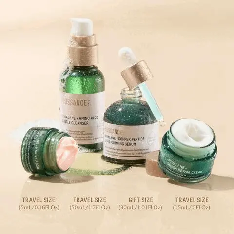 image 1, amino aloe gentle cleanser. marine algae eye cream. copper peptide rapid plumping serum, omega repair cream. image 2, 97% agree this product helped to remove daily makeup. 97% showed improvement in the appearance of fine lines and wrinkles after 1 use. 97% noticed a visible improvement in skin firmness and elasticity in 1 week. 100% showed improvement in skin hydration after 5 minutes. image 3, ingredient highlight. amino acid complex = organic compounds that both break down and dissolve makeup and condition skin to keep it soft. pink marine algae = visibly reduces the appearance of fine lines and wrinkles around the eye area in 7 days. omega fatty acids = a plumping deeply hydrating and restoring group of fatty, moisturising molecules including omega 3,6 and 9. Image 4, travel size 5ml, 0.16fl oz, travel size 50ml, 1.7 fl oz, gift size 30ml, 1.01fl oz, travel size 15ml, 5fl oz. Plump = hydrate routine. 1, cleanse, amino aloe gentle cleanser. 2, firm eye area, marine algae eye cream. 3, treat, copper peptide rapid plumping serum. 4, moisturize, omega repair cream.