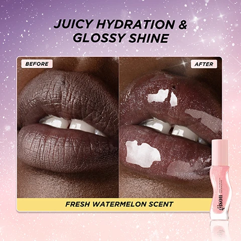 image 1, juicy hydration and glossy shine. before and after, fresh watermelon scent. image 2, dramtically boosts shine as a finishing touch. before and after. weightless hydration. image 3, honey gloss and go routine. step 1 = hair oil, smooth frizz and boost shine. step 2 = lip oil, hydrate and nourish. image 4, honey infused hair oil. clinically proven to +143% instant shine, 72 hour hydration, 72 hour frizz and humidity control, up to 230 degree heat protection. based on an independent lab study using scientifically proven instrumental testing.