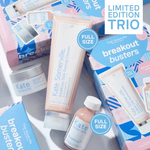 Limited edition trio. Full size. What's inside, eradikate daily foaming cleanser, the Tik Tok breakout star. Clinical strength acne cleanser with 3% sulfer. eradikate blemish treatment, the no.1 spot treatment with 10% sulfur. oil-free moisturiser clinically formulated hydration for oily skin.