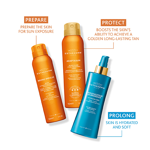 ADAPTASUN TECHNOLOGY optimises the natural pigmentation process by stimulating melanin production for a faster developing, deeper and longer-lasting tan INSTITUT ESTHEDERM PARIS UNIQUE SUNSCREENS' FORMULA protecting from full spectrum light (UVA, UVB, blue light, visible light, infra-red), with optimised UVA/photo-ageing protection and ideal UVB/sunburn protection CELLULAR WATER TECHNOLOGY mimics the water present in our cells to increase skin cell energy to the level of young cells, prolonging the skin's youthfulness and ensuring long lasting hydration ADAPTASUN BRUME SOLAIRE HYDRA-PROTECTRICE CORPS Optimisele bronzage naturel Prevent le photo-elissement HYDRA PROTECTIVE SUN BOOTHST UVA/UV GLOBAL CELLULAR PROTECTION GLOBAL CELLULAR PROTECTION exclusive youth-protection system that strengthens the skin's natural protection mechanisms against sun damages. Protects against oxidative stress and DNA damage, prevents inflammation, photo-ageing, the appearance of dark spots and wrinkles Core first X NAOS 150ml SFLOZ
