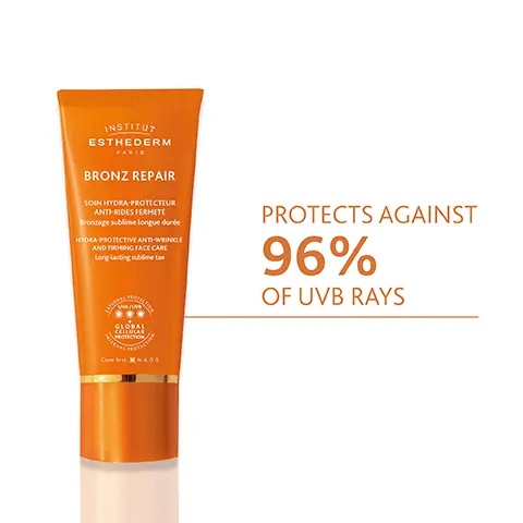 Image 1, INSTITUT ESTHEDERM PARIS BRONZ REPAIR SOIN HYDRA-PROTECTEUR ANTI-RIDES FERMETE Bronzage sublime longue durée HYDRA-PROTECTIVE ANTI-WRINKLE AND FIRMING FACE CARE Long-lasting sublime tan PROTECTS AGAINST 96% OF UVB RAYS GLOBAL CELLULAR PROTECTION Come first X NAOS Image 2, INSTITUT ESTHEDERM PARIS BRONZ REPAIR SOIN HYDRA-PROTECTEUR ANTI-RIDES FERMETE Bronzage sublime longue durée HYDRA-PROTECTIVE ANTI-WRINKLE AND FIRMING FACE CARE Long-lasting sublime tan ENHANCE NATURAL TAN BY 95%* 82% FIRMER LOOKING SKIN GLOBAL CELLULAR PROTECTION Come first X NAOS SMOOTHED WRINKLES AND FINE LINES BY 77%* *Satisfaction test on 22 women aged 37 to 65, 28 days of application Image 3, PROTECT & REPAIR TAN & SMOOTH WRINKLES INSTITUT ESTHEDERM BRONZ REPAIR SOIN HYDRA-PROTECTEUR ANTI-RIDES FERMETT Borgese longue AND TAMINGFACE CARE Long ting INSTITUT ESTHEDERM REPAIR APRÈS-SOLEIL ANT-RIDES FRETE Carr XNAGS PROLONG & REPAIR HYDRATES & FIRMS THE SKIN AFTER SUN EXPOSURE