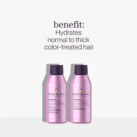 image 1, benefit = hydrates normal to thick colour treated hair. image 2, benefit = detangles, moisturises, heat protects, smooths frizz and adds shine. image 3, rose extract, green tea extract, multi weight proteins. image 4, olive oil, camelina seed oil, xylose, coconut oil. image 5, pro favourite neil moodie, pureology UKI ambassador said = one of my favourite pureology products is the iconic hydrate which helps to deeply hydrate normal to thick dry, colour treated hair. image 6, pro favourite neil moodie, pureology UKI ambassador said = i use this on every client as it detangles and primes the hair for styling, plus it protects from heat. the end results leaves the hair soft and looking shiny.Image 7, vegan formulas* sulfate-free for a gentle cleanse recycled bottles made from post-consumer recycled materials** up to 80+ washes in one bottle***. All formulas are highly concentrated meaning less water needed "Every formula is made without animal products or by-products. Pureology never tests on animals **Our shampoo and conditioner bottles, excluding cap, are created with 95% post consumer recycled materials *** Up to 80+ washes in a 266ml bottle, up to 300+ washes in a 1000ml bottle Image 8, hydrate shampoo A CITRUS SUMMER BREEZE WITH NOTES OF lavender bergamot savender bergama patchouli patchouse Image 9, hydrate conditioner AFTER THE RAIN WITH NOTES OF moss rose mint годе Image 10, edarwood color fanatic BENEATH BLOSSOMING TREES WITH NOTES OF cedarwood rose ginger ginger