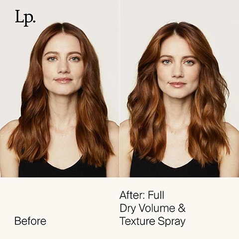 image 1, before and after - full dry volume and texture spray. image 2, blend if microporous minerals and enzymaically modified starch = gives hair lived in texture and lightly absorbs oil to extend the life of your look. volumising and texturising molecule = increases the space between hair fibres for long lasting volume and texture. hydrophobic resins = provides instant, buildable, soft hold that lasts even in high humidity. image 3, 2 times the volume. based on laboratory testing of full shampoo and conditioner vs untreated.