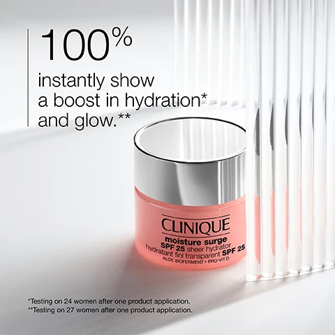 Image 1, 100% instantly show a boost in hydration and glow. testing on 24 women after one product application. testing on 27 women after one product application. image 2, before, on application, after.