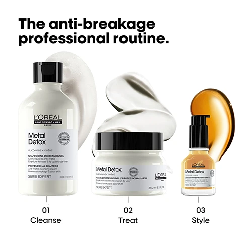 image 1, the anti breakage professional routine. 1 = cleanse. 2 = treat. 3 = style. image 2, prevent hair breakage and colour fade. up to 87% less hair breakage in 1 use. up to 2 times shinier hair. instrumental test on shampoo and mask vs unwashed hair. image 3, prevent hair breakage and colour fade. up to 87% less hair breakage in 1 use. up to 2 times shinier hair. image 4, help prevent hair breakage and boost shine. up to 87% less hair breakage in 1 use. up to 2 times shinier hair. heat protection up to 230 degrees. image 5, did you know that wash after wash, metal penetrates inside your hair?