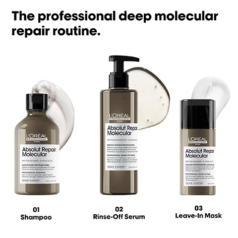 Image 1, the professional deep molecular repair routine. step 1 = shampoo. step 2 = rinse off serum. step 3 = leave in mask. image 2, rebuilds hair's molecular structure. up to 82% more strength. up to 86% more nutrition. restores elasticity and movement. image 3, goes beyond regular repair masks. deep penetration into the hair fibre. restores hair's original strength. image 4, up to 97% more hair strength. heat protection up to 230 degrees. lightweight texture leaving hair smooth and shiny. image 5, what happens to your hair when it is damaged? damage happens at molecular level. peptides are composed of amini acids and bonds holding them together. when peptides break, the damage can be irreversible until now.