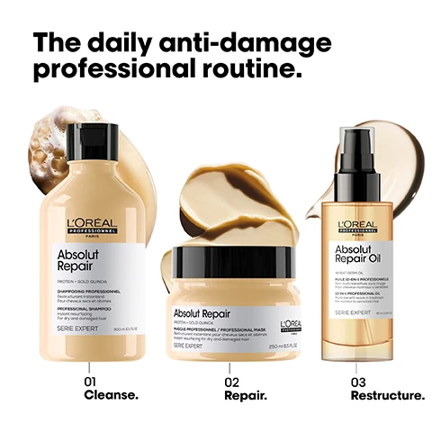 image 1, the daily anti damage professional routine. 1 = cleanse. 2- repair. 3 = restructure. image 2, instant resurfacing. up to 77% less surface damage up to 7 times shinier hair. softer hair. image 3, instant resurfacing. up to 77% less surface damage up to 7 times shinier hair. softer hair. image 4, 10 in 1 professional oil. shinier and softer hair. lightweight touch. image 5, wheat protein strengthens and restores. on the surface - resurfaces and seals the cuticles maintaining hydration.
