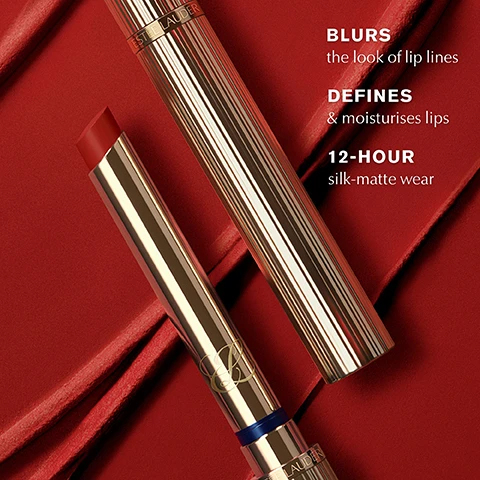image 1, blurs the look of lip lines, defines and moisturises lips, 12 hour silk matte wear. image 2, instantly boosts moisture, blurs the look of lip lines