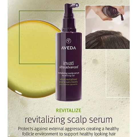 image 1, revitalise revitalising scalp serum. protects against external aggressors creating a healthy follicle environment to support healthy looking hair. image 2, new invati ultra advanced. reduces hair loss by 77%. reduction in hair loss due to breakage, from repeat grooming test on tresses after use of invati ultra advanced, 4 step system of shampoo, conditioner, serum and leave in. image 3 and 4 and 5, before on unwashed hair, after. results with invati ultra advanced exfoliating shampoo light, thickening conditioner light, scalp revitalising serum, fortifying leave in treatment and thickening foam. image 6, feel the power of thicker, fuller hair.