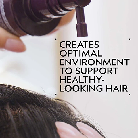 Image 2 - A person applies a hair product from a dark spray bottle to their dark hair, with text overlaid that reads CREATES OPTIMAL ENVIRONMENT TO SUPPORT HEALTHY-LOOKING HAIR. Image 3 - A split-screen image shows a womans face and hair, with the left side labeled BEFORE featuring duller, less voluminous hair, and the right side labeled AFTER featuring shinier, fuller hair, with additional text reading Unwashed Hair, and Results with botanical repair™ strengthening shampoo, intensive strengthening masque: rich and strengthening leave-in treatment. Blow dried with round bristle hair brush. Image 4 - A circular image features plant roots and green leaves submerged in a clear liquid, set against a dark green background. Text reads: FOLLICLE VITALITY COMPLEX, ECLIPTA ALPINIA GINGER invigorates, helping boost vital energy. Image 5 - A dark green infographic presents a four-step hair care routine with accompanying circular images: the first shows a person washing hair, the second shows a hand applying scalp serum, the third shows a hand massaging hair, and the fourth shows a person with wet styled hair; the text visible on the infographic is HOW TO USE, 01 CLEANSE & CONDITION Invati Ultra Advanced Exfoliating Shampoo and Thickening Conditioner: Light, 02 REVITALIZE Invati Ultra Advanced Revitalizing Scalp Serum, 03 FORTIFY Invati Ultra Advanced Fortifying Leave-In Treatment, 04 STYLE Invati Ultra Advanced Thickening Foam. Image 7 - Three white certification logos are displayed against a background of green plant leaves, which include 100% VEGAN, Certified B Corporation, and Cruelty Free INTERNATIONAL.