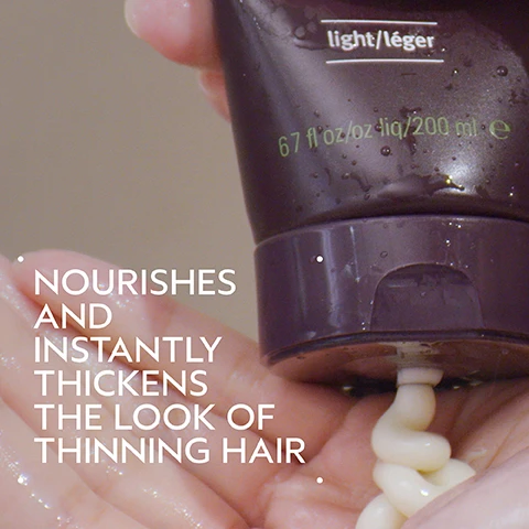 Image 2 - A hand squeezes a dark brown tube, dispensing a thick, pale cream into the palm, with text on the tube that reads light/léger and 6.7 fl oz/oz liq/200 ml e, and a white overlay text that says NOURISHES AND INSTANTLY THICKENS THE LOOK OF THINNING HAIR. Image 3 - A split image of a womans face shows her hair before and after treatment, with the left side labeled BEFORE depicting unwashed, flatter hair, and the right side labeled AFTER showing fuller, more voluminous hair, alongside the visible text BEFORE, AFTER, Unwashed Hair, and Results with Invati ultra advanced™ exfoliating shampoo. light, thickening conditioner. light, scalp revitalizing serum, fortifying leave-in treatment and thickening foam. Image 4 - The image shows a light green circular texture with bubbles and a bright light streak against a dark green background, with text that reads Botanical Plumping Blend with Amla and Instantly thickens hair, increasing diameter from root to tip. (When used with light exfoliating shampoo). Image 5 - A dark green graphic titled HOW TO USE outlines a four-step hair care routine, each with an image and product description: 01 Cleanse & Condition, depicting shampooing, with text Invati Ultra Advanced Exfoliating Shampoo and Thickening Conditioner: Light; 02 Revitalize, showing scalp serum application, with text Invati Ultra Advanced Revitalizing Scalp Serum; 03 Fortify, illustrating hair treatment, with text Invati Ultra Advanced Fortifying Leave-In Treatment; and 04 Style, showing wet, styled hair, with text Invati Ultra Advanced Thickening Foam. Image 6 - A background of dark green tropical leaves features three white logos: a circular 100% VEGAN logo with a V, a Certified B Corporation logo, and a Cruelty Free INTERNATIONAL logo with a bunny and stars.