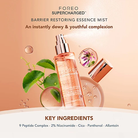 image 1, barrier restoring essence mist - an instantly dewy and youthful complexion. key ingredients = 9 peptide complex, 2% niacinamide, cica, panthetnol, allantoin. image 2, repairing = 9 peptide complex. brightening 2% niacinamide, calminc cica (centella asiatica), strengthening panthenol, skin softening allantoin. image 3, dermatologist tested, suitable for all skin types, vegan, 88% natural origin ingredients.