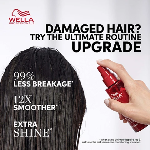 Image 1 - A close-up of a persons wet hair with a hand holding a red spray bottle, showcasing the text: DAMAGED HAIR? TRY THE ULTIMATE ROUTINE UPGRADE 99% LESS BREAKAGE* 12X SMOOTHER* EXTRA SHINE*.
              Image 2 - The image shows two sections of hair; the top section is light blonde with a text overlay stating REBUILD BONDS INSIDE WITH AHA, and the bottom section is darker brown with a text overlay stating REPLENISH HAIR OUTSIDE WITH OMEGA-9, along with a red plus sign in between the sections.
              Image 3 - Image shows a woman’s hair comparison with the left side labeled BEFORE with non conditioning shampoo displaying frizzy hair, and the right side labeled AFTER with ULTIMATE REPAIR steps 1, 2 & 3 and blow-dry showing sleek, smooth hair.
              Image 4 - A red bottle of Wella Professional hair product is tipped upside down, pouring out a creamy substance onto a white surface, with four icons below it representing repair, strength, smoothness, and shine.
              Image 5 - Image of Wella Professionals Ultimate Repair hair care products, including five red containers labeled: 1. Shampoo Cleanse & Detox, 2. Conditioner Soften & Detangle, 3. Mask Deeply Strengthen, 4. Leave-In Spray Repair in 90 seconds, and 5. Protective Cream Anti-breakage Heat protection & Frizz control, with the text REPAIR HAIR DAMAGE IN 90 SECONDS prominently featured.