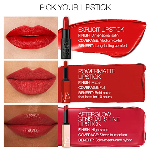 image 1, pick your lipstick. explicit lipstick = finish: dimensional satin. coverage: medium to full. benefit: long lasting comfort. powermatte lipstick = finish: matte. coverage: full. benefit: bold colours that lasts for 10 hours. after glow sensual shine lipstick = finish: high shine. coverage: sheer to medium. benefit: colour meets care hybrid. image 2, next level ingredients. hugs lips comfortablu with luxe comfort complex. locks in moisture with rosehip seed oil and hyaluronic acid. delivers intense dimensional colour with colour sculpt technology. image 3, sustainable luxury. 1 = to refil pull upward on your existing shade of explicit lipstick until removed. 2 = insert your new refill into the case until you hear a click