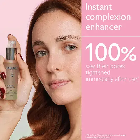 Image 1, CAUDALIE Instant complexion enhancer 100% saw their pores tightened immediatly after use* de Beaut Styr -1LO *Clinical test, % of satisfaction, results observed immediately after application Image 2, Glow Set Prep Prepares skin, sets makeup and glows complexion ! CAUDALIE Image 3, rose - boost radiance. mint - tones and refreshes. grape - moisturises and hydrates. lemon balm - soothes and purifies. rosemary - soothes and purify. orange blossom - calms and enhances the complexion.