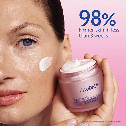 Image 1, 98% Firmer skin in less than 3 weeks* CAUDALIE Resveratrol-Lift Crème Cachemire Redensifiant Firming Cashmere Cream Cinical study: % of satisfaction, 44 volunteers, 18 days Image 2, BEFORE AFTER *Clinical study. % of satisfaction, 44 volunteers, 18 days 98% Firmer skin in less than 3 weeks* Unretouched results after using Cashmere Cream daily for 3 weeks. CAUDALIE Rever-U OC