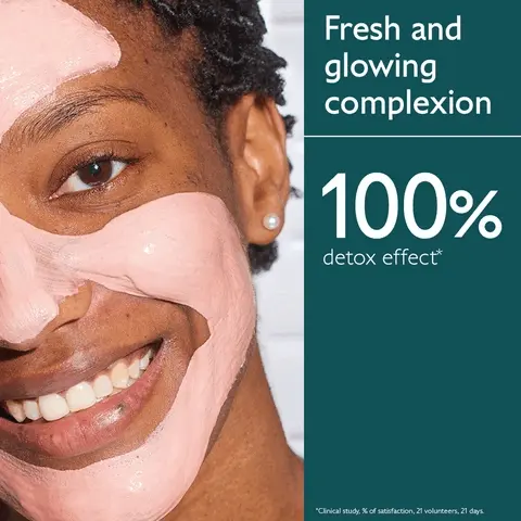 image 1, fresh and glowing complexion, 100% detox effect. image 2, clear skin in 5 minutes. 95% saw pores tightened.