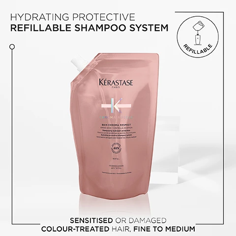 image 1, hydrating protective refillable shampoo system. sensitised or damaged, colour treated hair, fine to medium. image 2, after 6 weeks, 92% of colour intensity is preserved. up to 74% more shine. up to 96% stronger hair. 98% of women agree that their hair feels nourished. image 3, before and after. image 4, amino acid, tartaric acid, lactic acid.