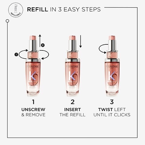 refill in 3 easy steps. 1 = unscrew and remove. 2 = insert the refill. 3 = twist left until it clicks.