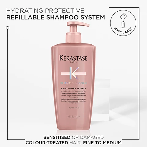 Image 1, hydrating protective refillable shampoo system. sensitised or damaged colour treated hair, fine to medium. image 2, after 6 weeks, 92% of colour intensity is preserved. up to 74% more shine. up to 96% stronger hair. 98% of women agree that their hair feels nourished. image 3, before and after. image 4, amino acid, tartaric acid, lactic acid.