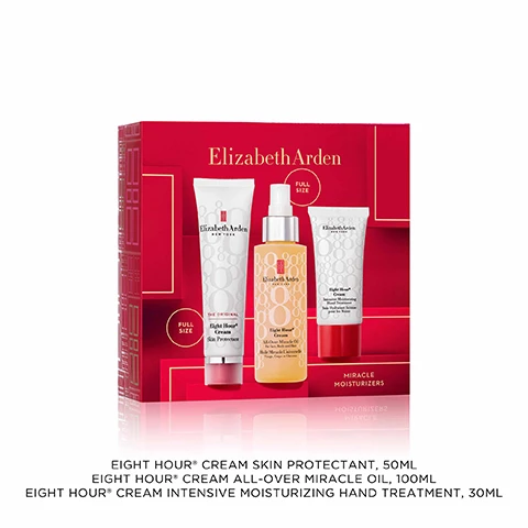 Image 1, eight hour cream skin protectant 50ml. eight hour cream all over miracle oil 100ml, eight hour cream intensive moisturising hand treatment 30ml. image 2, head to toe moisture. soothes irritated skin. adds shine to dry, dull hair. image 3, multitasking hydration. protects skin for 8 hours. based on a clinical study of 14 women from the ages of 18-65. image 4, leaves hands soft and smooth. moisturise for up to 8 hours. soothes weather exposed skin. image 5, miracle oil benefits. 12 hour hydration. head to toe moisture. all over glow. shine hair. massage away stress. tsubaki oil. uplifting scent. non comedogenic. image 6, skin protectant benefits. all over moisture. shine lips and cheeks. soothe dry hands. heals cuts and scraps. tame hair and eyebrows. treat sun/wind burn. relieve chapping. smooths cuticles. image 7, hand treatment benefits. 8 hour hydration, relieve chapping. soften. fast absorbing.