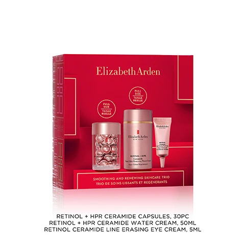 image 1, retinol and HPR ceramide capsules 30 pieces, retinol and HPR ceramide water cream 50ml, retinol ceramide line erasing eye cream 5ml. image 2, smooths lines and wrinkles. 95% saw reduced wrinkles. based on testing of unencapsulated retinol equivalent predictive of 10 months of shelf life. image 3, biodegradable made from vegetable and mineral based materials. image 4, evens tone and texture. 100% saw improved texture and radiance. based on a consumer study of 74 participants after 4 weeks. image 5, brightens and depuffs. 98% saw an overall improvement in the eye are. based on a 4 week consumer study of 54 women, aged 25-55. image 6, night regimen. step 1 = brightens and depuffs. step 2 = smooths lines and wrinkles. step 3 = evens tones and texure.