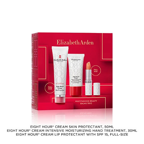 image 1, eight hour cream skin protectant 50ml, eight hour cream intensive moisturising hand treatment 30ml, eight hour cream lip protectant with SPF 15 full size. image 2, multi tasking hydration protects skin for 8 hours. based on a clinical study of 14 women from the ages of 18-65. image 3, leaves hands soft and smooth. moisturised for up to 8 hours. soothes weather exposed skin. image 4, hydrates, soothes, protects with SPF 15, smooths. image 5, skin protectant benefits. all over moisture. shine lips and cheeks. soothe dry hands. heals cuts and scraps. tame hair and eyebrows. treat sun/wind burn. relieve chapping. smooths cuticles. image 6, hand treatment benefits. 8 hour hydration, relieve chapping. soften. fast absorbing.
