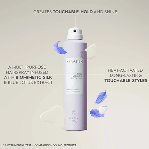 Image 1 - A lavender hairspray bottle labeled KERASILK with text stating A multi-purpose hairspray infused with biomimetic silk & blue lotus extract and Creates touchable hold and shine alongside Heat-activated long-lasting touchable styles.
              Image 2 - An image of a cylindrical bottle of KERASTASE hair spray with visible text detailing its performance benefits, including humidity and frizz protection for up to 72 hours, multi-purpose use as a fixing or working spray, heat-activated styling, and heat protection up to 230°C/446°F.
              Image 3 - Two spray bottles of KERASILK multi-purpose hairspray are displayed against a light purple background; visible text includes Vegan Formula, PETA Approved, Free From Formula Created With >94% Natural Ingredients, ClimatePartner certified product, and the product labels Fixed. Versatile. Protected.