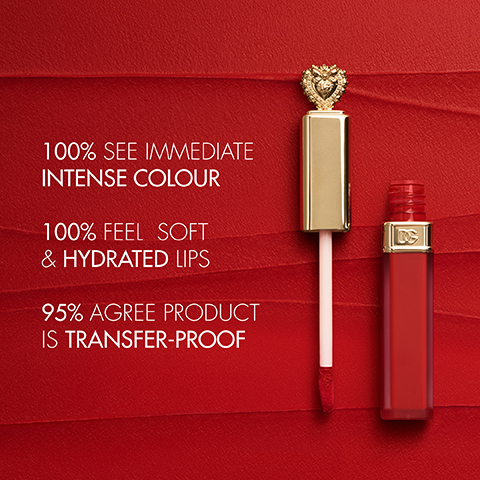 100% SEE IMMEDIATE INTENSE COLOUR 100% FEEL SOFT & HYDRATED LIPS 95% AGREE PRODUCT IS TRANSFER-PROOF